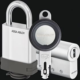 eCLIQ padlock, key and cylinder.